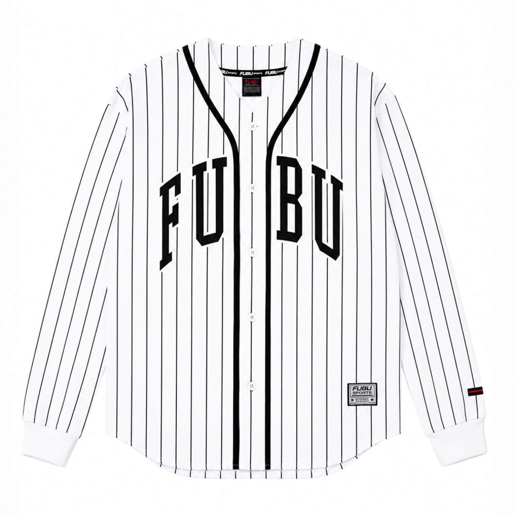 FUBU フブ ベースボールシャツ メンズ レディース fam-62714 長袖 ストライプ ユニフォーム ゲームシャツ アップリケ 刺繍 ロゴ オーバーサイズ ストリート ヒップホップ ダンス カジュアル トップス M L XL XXL 2026FW Karlas