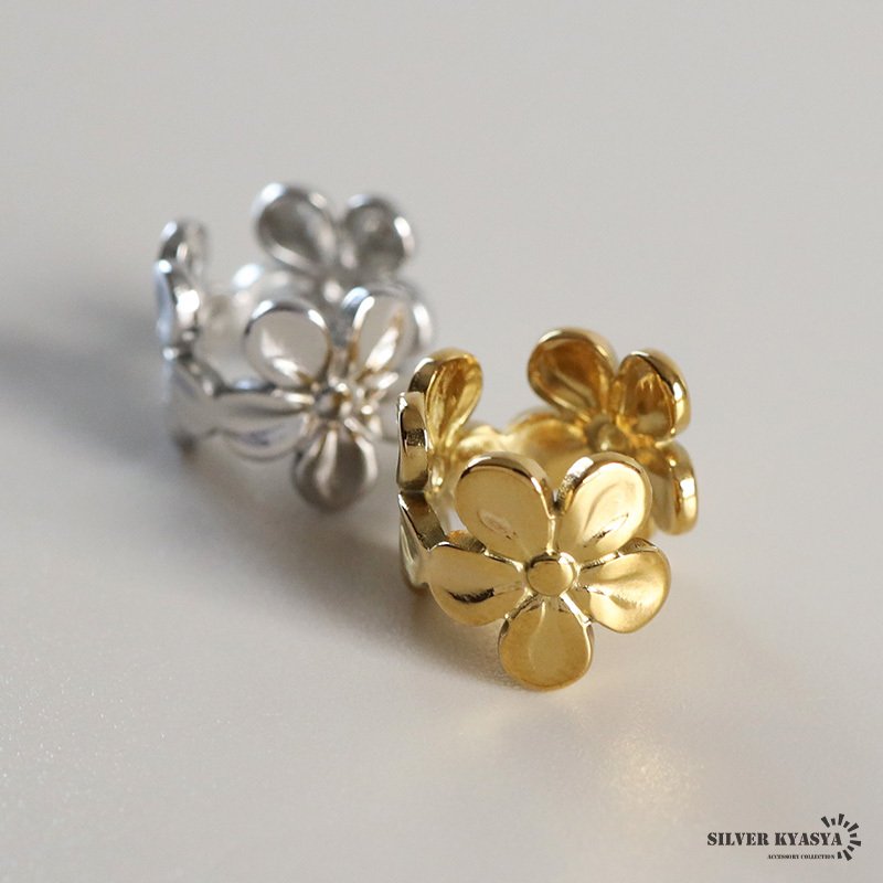 ステンレス フラワーイヤーカフ お花イヤーカフ シンプル かわいい 透かし メタル ゴールド 18KGP シルバー 片耳1点 プチプラ 耳の穴不要 痛くない レディース 女性 金属アレルギー対応フェイクピアス ノンホール イヤリング