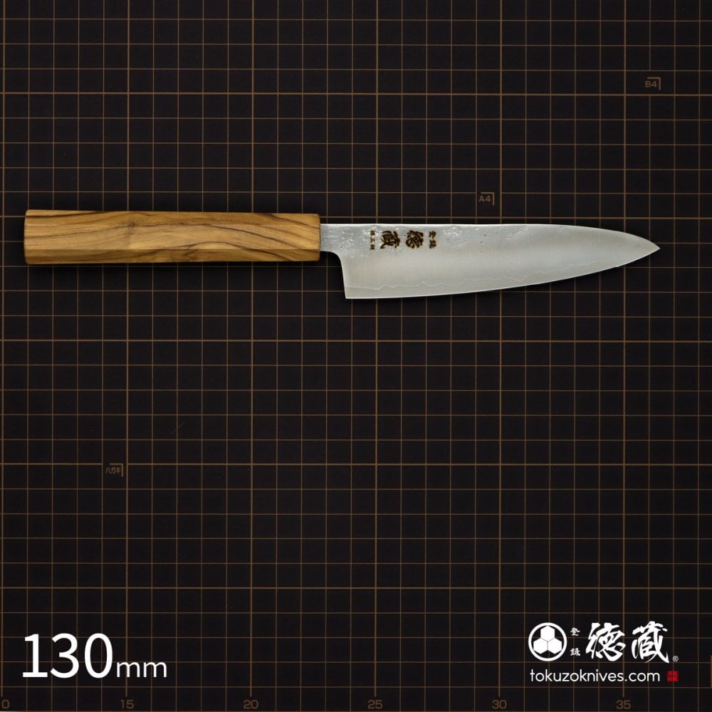 ステンレスペティナイフ　130mm 銀三 梨地仕上げ オリーブ八角柄 日本製 徳蔵刃物 【TOKUZO KNIVES】 JAPAN Kitchen Knives 包丁 切れ味 家庭用 万能 錆に強い 両刃 プレゼント ギフト 贈り物 一生モノ