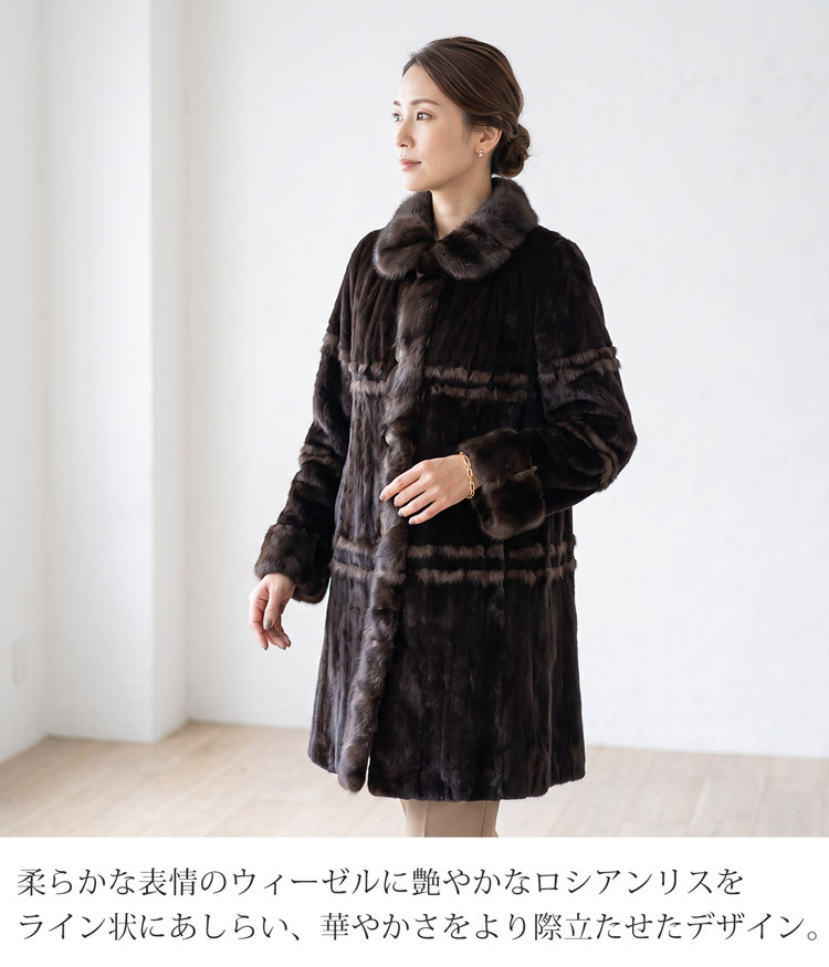シルク 100％ ＆ ウィーゼル リバーシブル コート ロシアン リス トリミング アウター 保温 防寒 コート リス 毛皮コート ファーコート シルク 100 毛皮 ファー 秋 冬 女性 ギフト プレゼント 7F (01000246r)