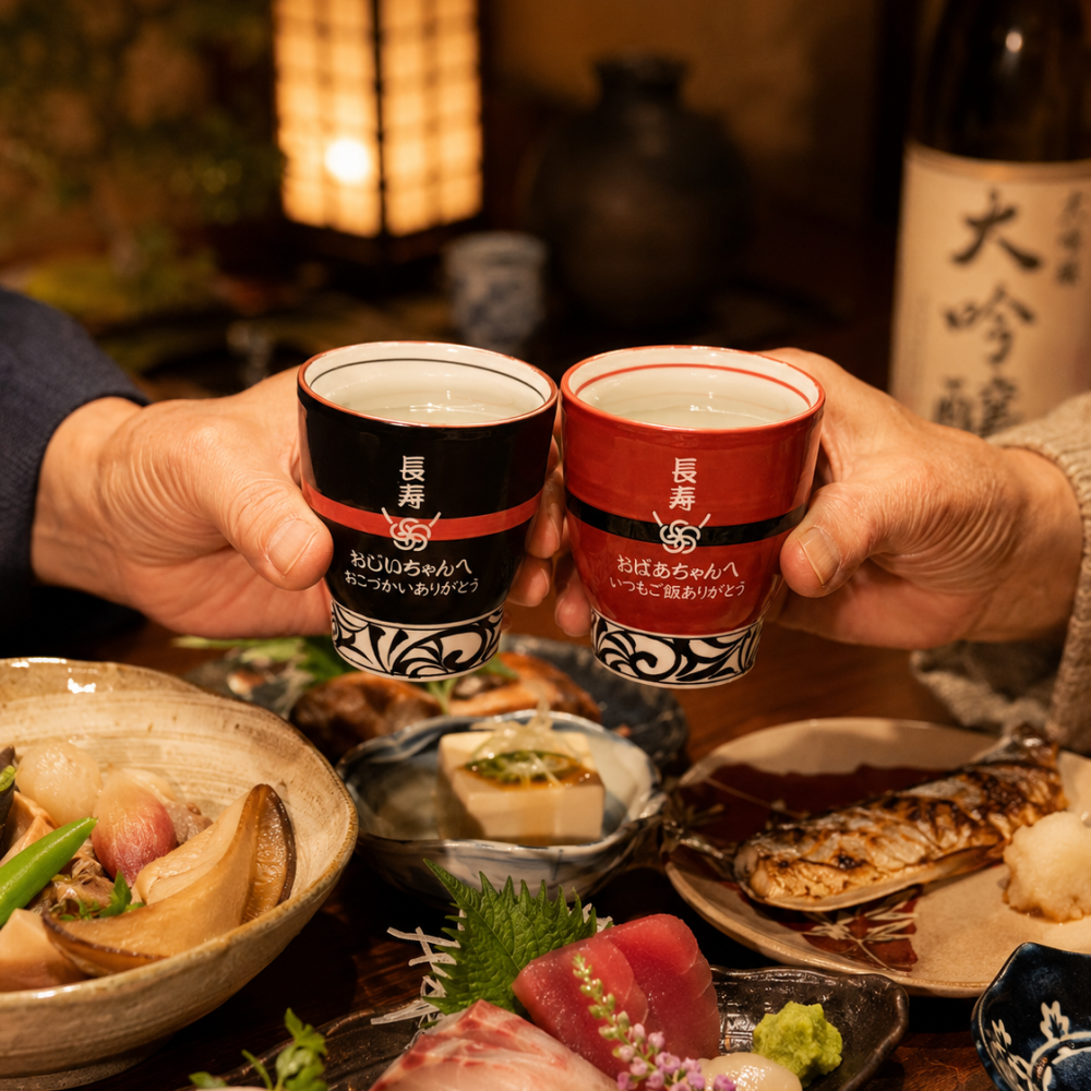 敬老の日 名入れ ペアギフト SXX 波佐見焼 唐草湯飲み 夫婦湯呑 赤 黒 2点 木箱入り / プレゼント ギフト 両親 夫婦 結婚 金婚式 銀婚式 退職 記念 誕生日 長寿 祝い