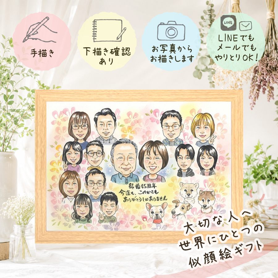 結婚記念日 贈り物 似顔絵 ギフト 名入れ プレゼント 手描き サファイア婚式 お祝い 記念日 結婚45周年 結婚記念日 大人数 お父さん 夫婦 家族 ご夫婦 両親 名入れ 下書き確認 修正無料 そっくり かわいい 一生もの 親孝行 思い出 記念 感謝 45周年 色紙 古希祝い 還暦祝い 応援 キレイ 百寿祝い 感謝の品 ウェディングギフト 結婚祝い ハロウィン