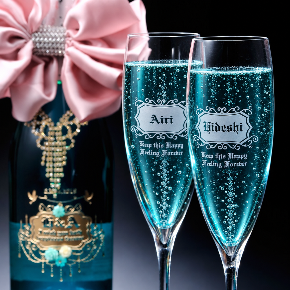 卒業 退職 名入れ ペアギフト SXX 酒セット スパークリングワイン シャンパン ブルー・オブ・マリア 750ml & おまかせシャンパングラス 2点 デコ仕上げ ボトルネックレス・リボンコサージュ付 布張りBOX入り / プレゼント ギフト 両親 夫婦 結婚 金婚式 銀婚式 退職 記念 誕生日 長寿 祝い