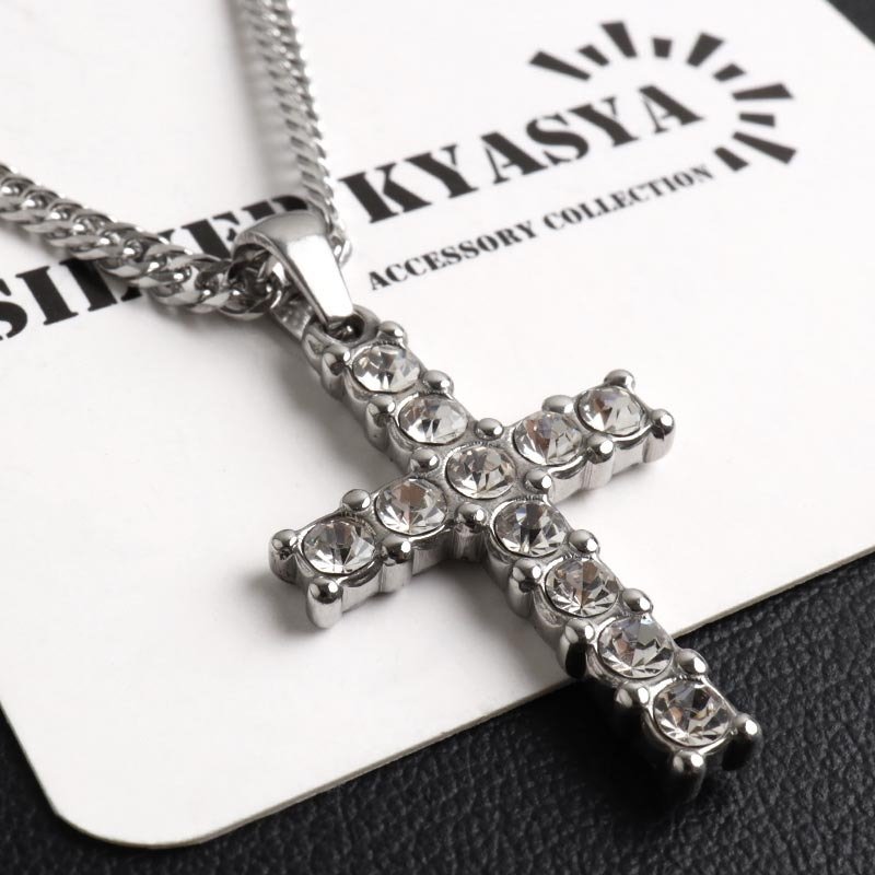 ステンレス クロスネックレス ストーンネックレス ペンダントネックレス ダブル喜平チェーン 6面カット 細身 シルバー 十字架 キラキラ メンズ 男性 金属アレルギー対応