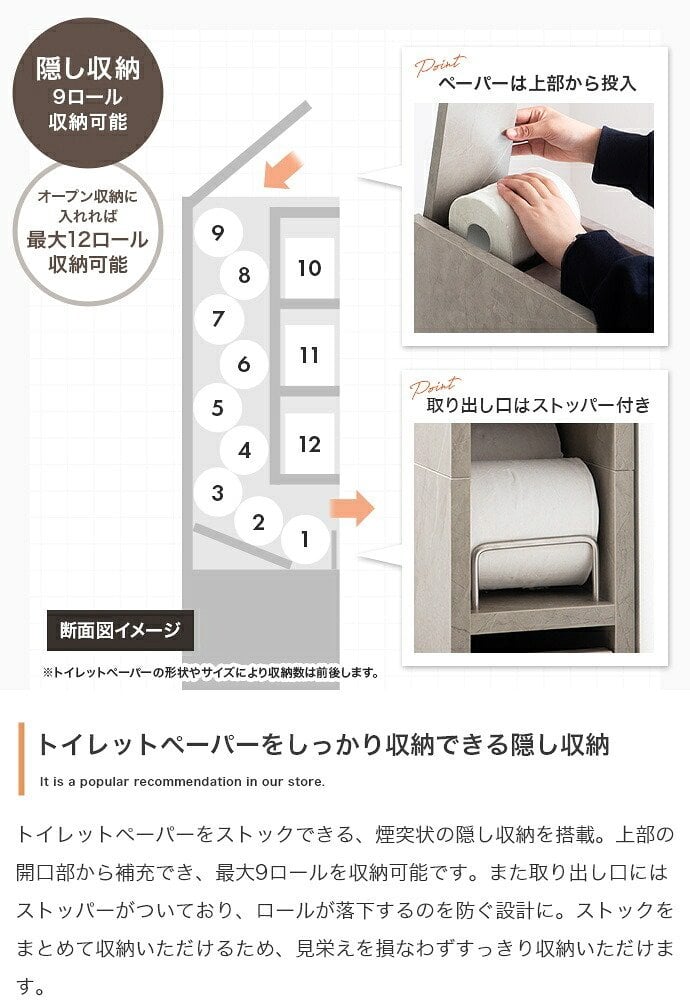 トイレ収納 スリム トイレ 薄型 15cm 引き出し付き すき間収納 トイレットペーパー 12ロール キャスター付き サニタリー 省スペース トイレブラシ収納 収納棚 コーナー ハイタイプ 幅15