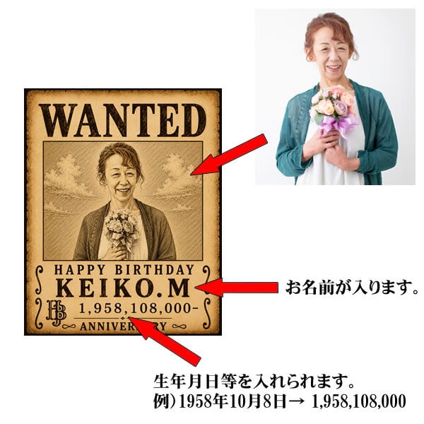 世界に一枚！【手配書風】WANTED オリジナル 誕生日 Tシャツ 綿100％ サイズ90cm～4L キッズサイズ ビッグサイズ 還暦祝い プレゼント 名入れギフト メンズ レディース ワンピース ONEPIECE ルフィ ゾロ ウォンテッド オーダーメイド プリント 結婚式 出産 余興 発表会 クラT