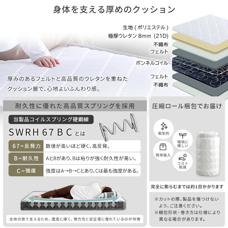 ベッド 寝具 棚・コンセント付きチェスト ボンネルコイルマットレスセット(セミダブル)