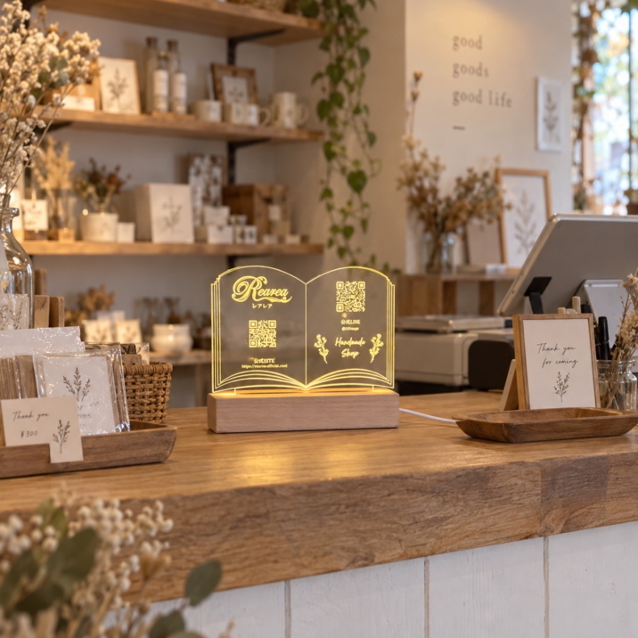光るアクリルBOOKスタンド ロゴ・QRコード彫刻　　ショップ お店 店舗 開店祝い レジ横 オーダーメイド 御祝 プレゼント ギフト 木製 透明 フリーWi-Fi インスタ LINE バーコード USB ライト 照明 本 洋書 雑貨 美容院 本屋 花屋 ペットショップ 家具屋