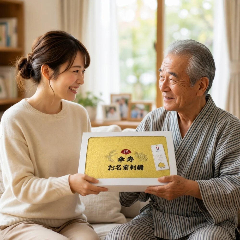 傘寿祝い 80歳 名入れ刺繍付き 今治オーガニック フェイスタオル イエロー 箱入り ギフト