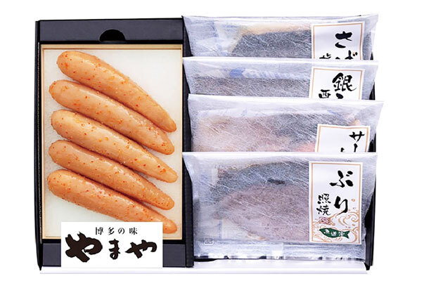 敬老の日 ギフト　 博多の味 やまや 辛子 明太子 と 焼魚 ｜辛子明太子無着色150g×１サーモントラウト塩焼×１切銀ひらす西京焼×１切ぶり照焼×1切さば塩焼×1切｜敬老の日メッセージ付【お届け期間：9月19日～9月21日】 遅めの お中元 ※沖縄・北海道は配送不可　送料無料