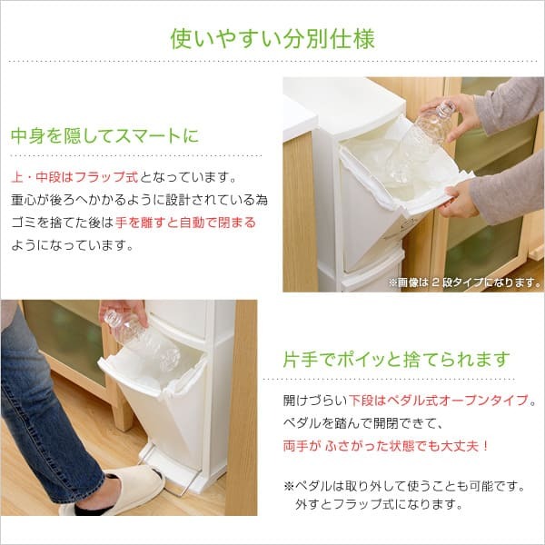 ゴミ箱 ダストボックス 縦型分別 日本製 3段 30L 幅21cm スリム 省スペース フタ付き フットペダル シンプル フラップ式 ペダル式 オープンタイプ 清潔感 プラスチック製