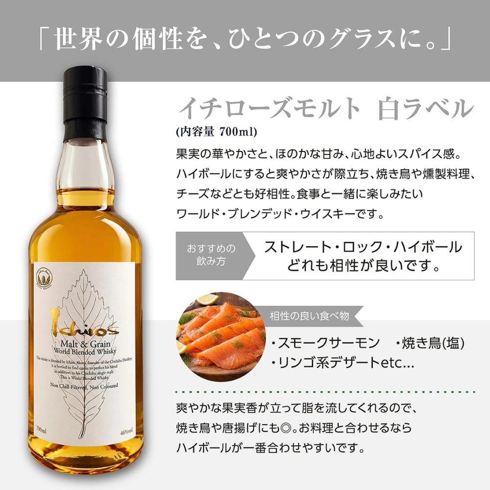 イチローズモルト ホワイトラベル 白 モルト&グレーン 700ml 46度｜ジャパニーズウイスキー 秩父蒸溜所 お歳暮 誕生日 退職祝い ギフト 【送料無料※一部地域を除く】