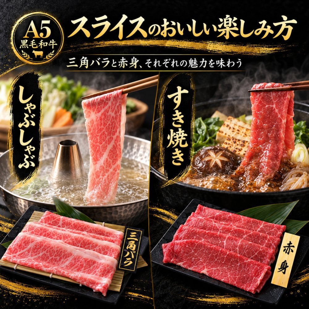 A5黒毛和牛 スライス2種と焼肉2種 食べ比べ400g 三角バラ・赤身・カルビ 肉ギフト