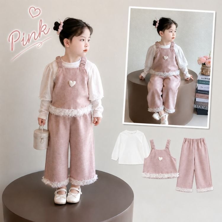 キッズ セットアップ 3点セット 女の子 子供服 長袖Tシャツ キャミソールトップス ワイドパンツ フリル ハート 春 秋 冬 おしゃれ 可愛い 姉妹コーデ お揃い 90 100 110 120 130 140cm