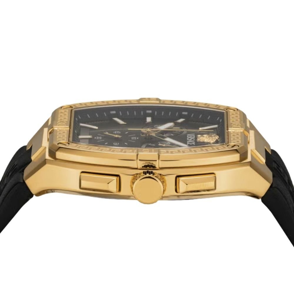 ヴェルサーチェ 腕時計 メンズ ゴールド ブラック クロノグラフ 44mm VERSACE SPORTY TONNEAU GRECA スポーティ トノー グレカ 黒 レザー 革ベルト スイス製 高級 ブランド おしゃれ プレゼント ギフト 卒業 入学 お祝い
