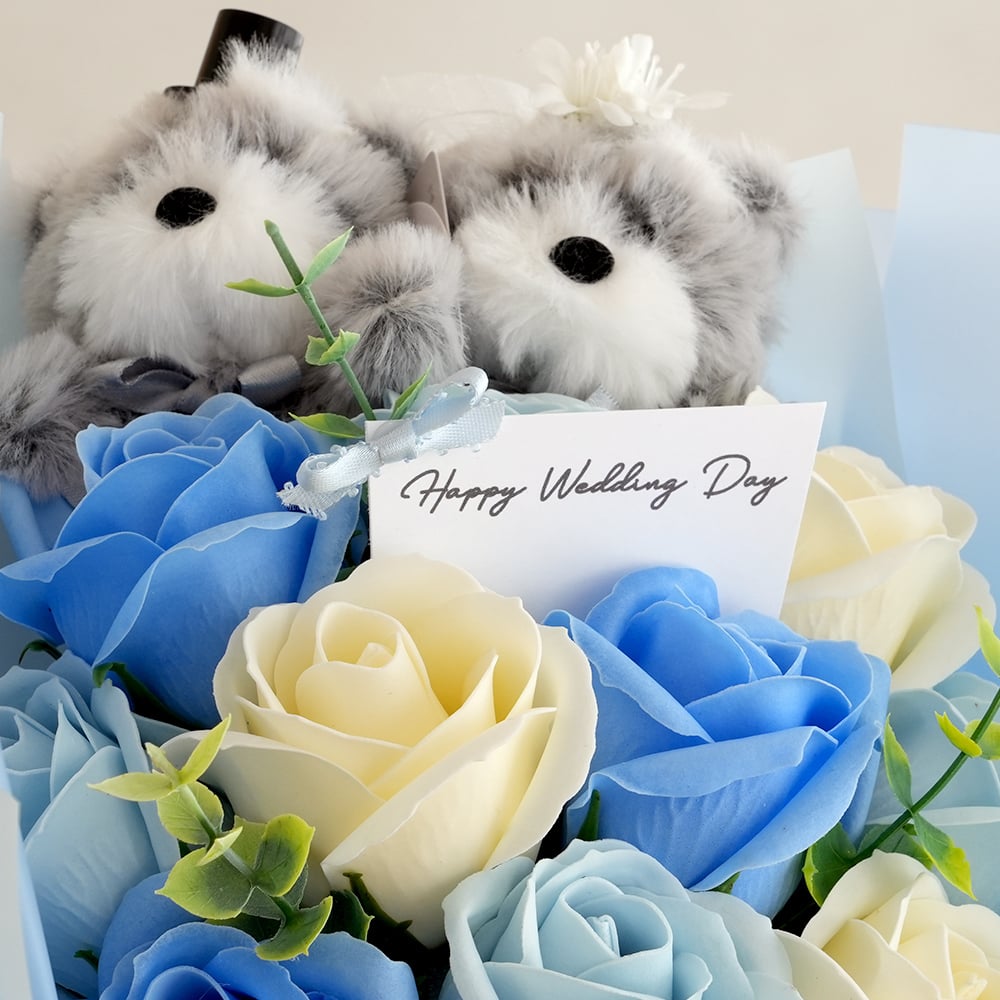 【結婚式 電報 ギフト】tino ウェディングベア ラブリー ソープフラワーブーケ|結婚式 結婚祝い 結婚記念日 ブライダル 祝電 電報 ギフト プレゼント ウェルカムスペース ドール ぬいぐるみ ブーケ