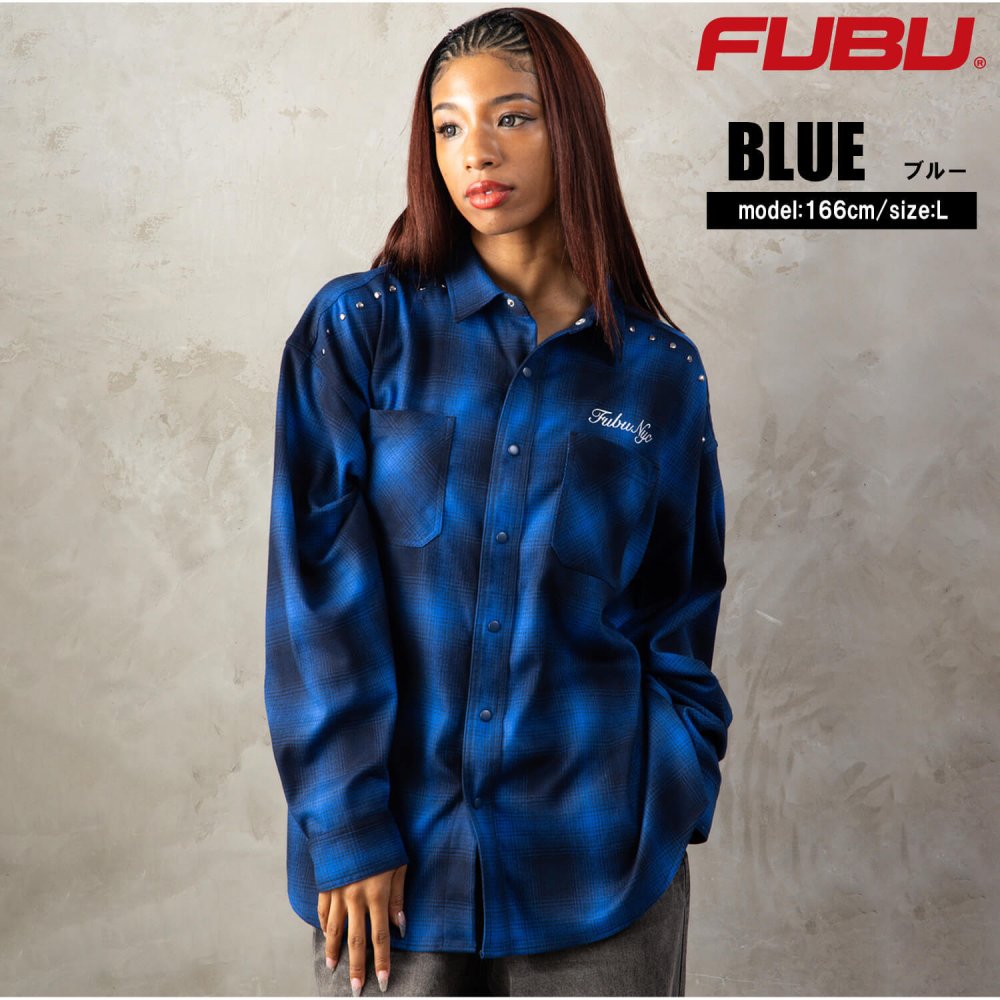 FUBU フブ チェックシャツ メンズ レディース fam-62100 スタッズ オンブレチェック ネルシャツ 長袖 シャツ スナップボタン 刺繍 オーバーサイズ ストリート ヒップホップ ダンス カジュアル M L XL XXL 2026FW Karlas