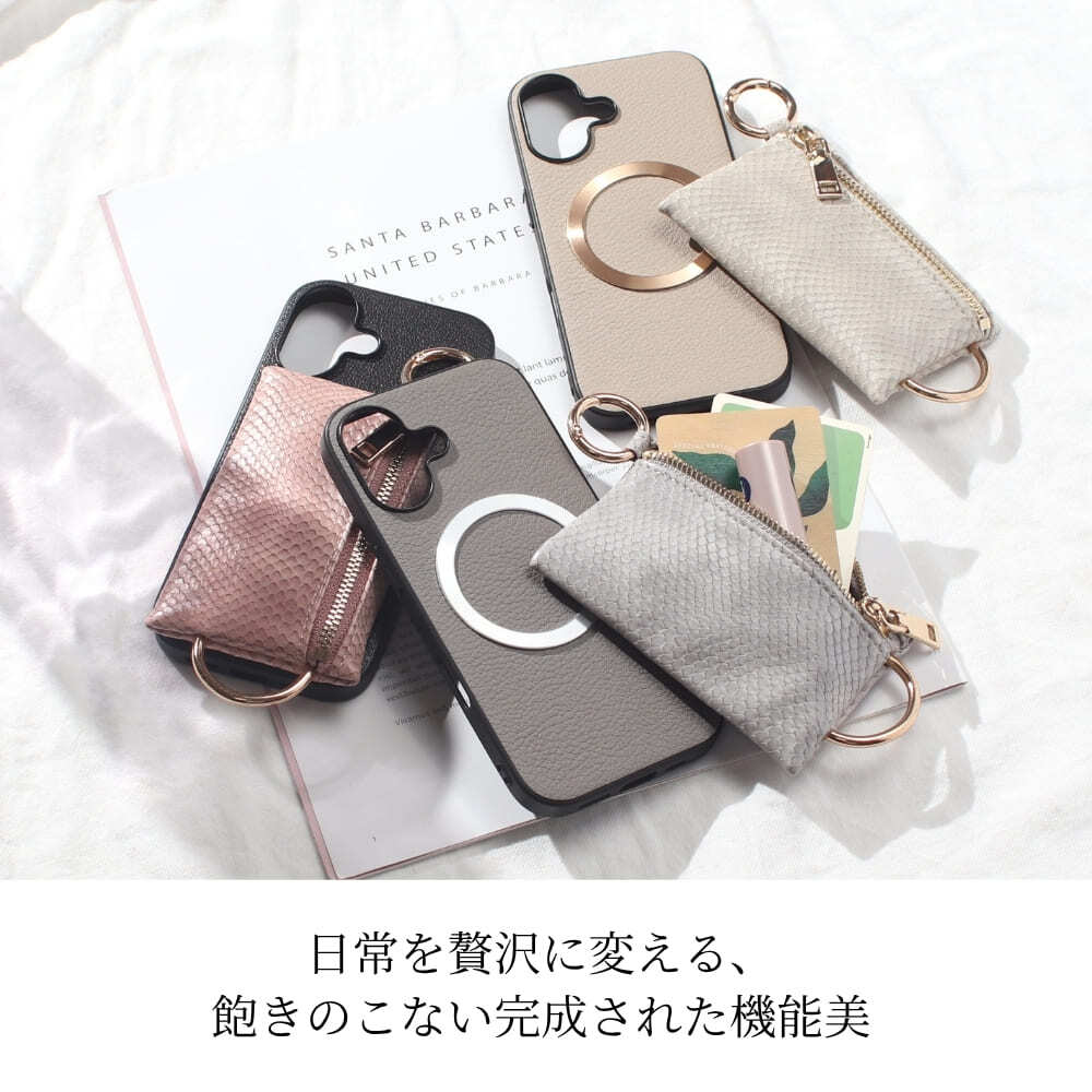 iphone16 ケース 本革 小銭入れ付き iphone16Pro iphone16e iphone16Plus iphone16ProMAX MagSafe対応 ウォレット 財布 レザー アイフォン 16 pro max plus 16e マグセーフ マグネット 小物入れ コイン カード リング ポーチ ヘビ柄 プロ マックス プラス ゴールド 送料無料