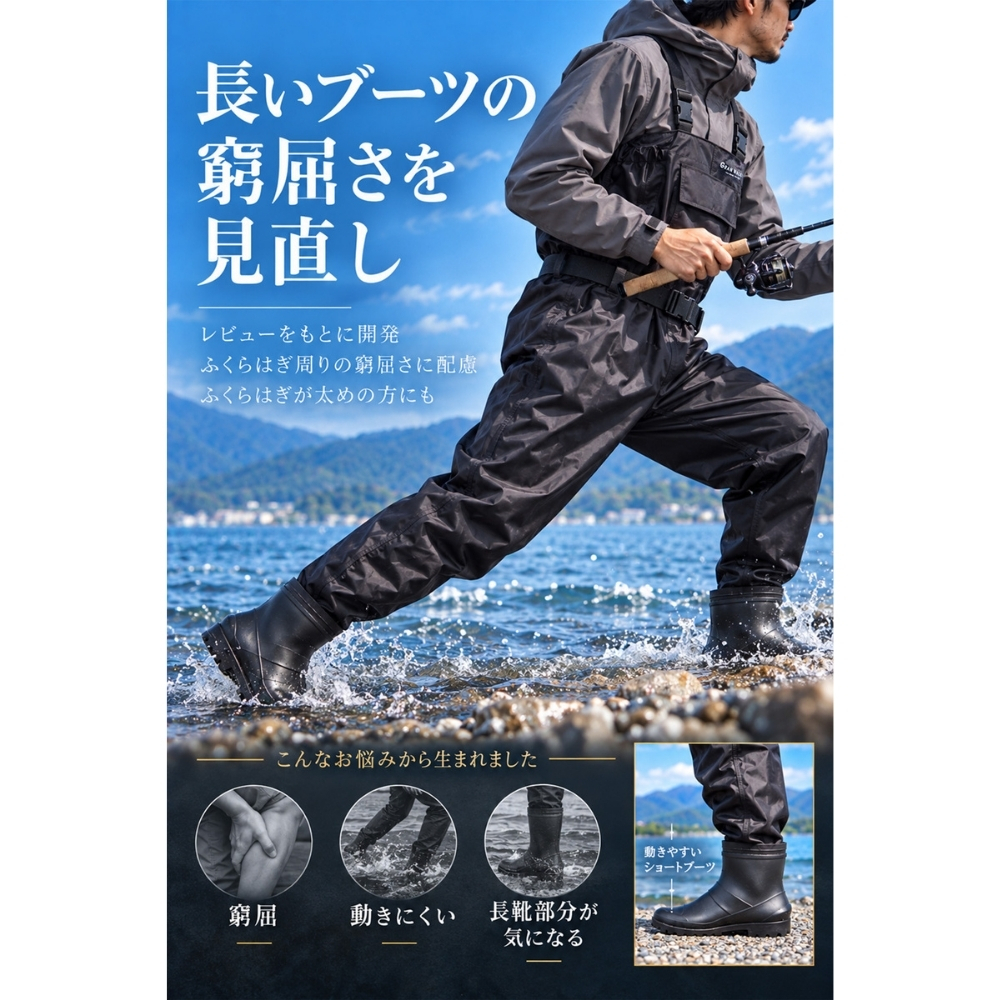 GranWalker グランウォーカー ショートブーツ チェストハイウェーダー ラジアルソール 軽量 完全防水 釣りグッズ 渓流 サーフ アウトドア用 キャンプ