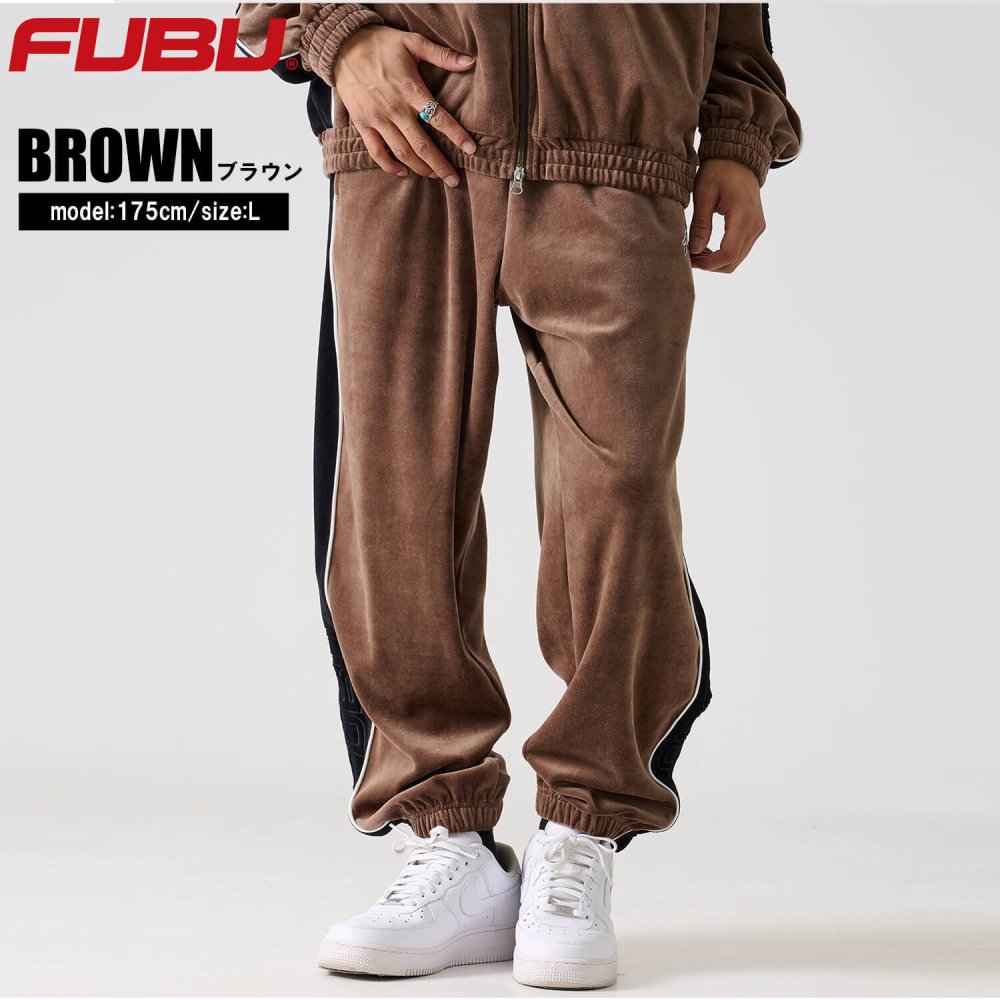 FUBU フブ ロングパンツ メンズ ベロアパンツ イージーパンツ トラックパンツ ルーズシルエット ウエストゴム ブランド 秋 冬 ロゴ 刺繍 大きいサイズ XL XXL オーバーサイズ アメカジ レディース ストリート系 黒 2025fw karlas