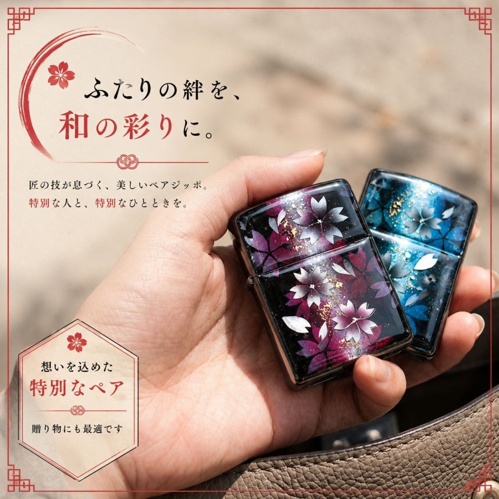 職人の手作り！和柄ペアzippo「祖」名入れ 送料無料 和風 桜 工芸 ハンドメイド ジッポ ライター 喫煙具 電子タバコ アイコス イルマ ギフト プレゼント