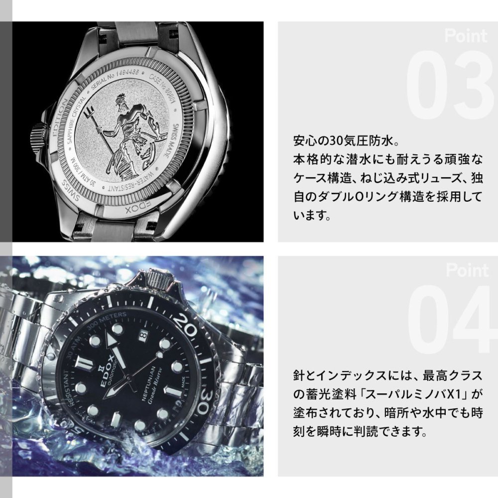 エドックス EDOX ネプチュニアン グランデ リザーブ デイト オートマティック 腕時計 メンズ 自動巻き ダイバーズウォッチ 80801-3NM-NIN NEPTUNIAN