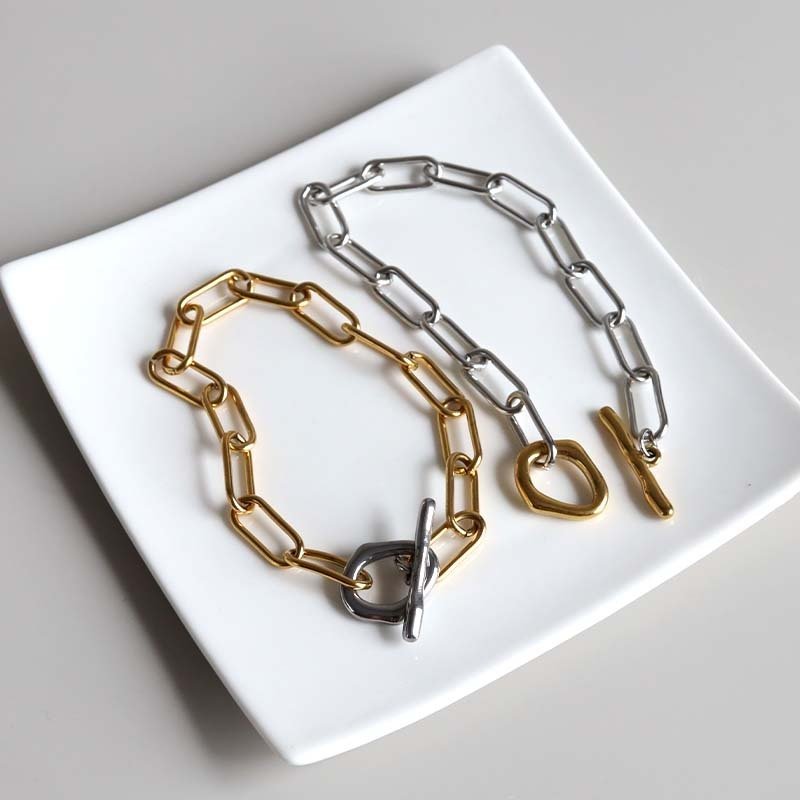 ステンレス マンテルブレスレット バイカラー 2カラー レディース ペーパークリップチェーン Hクリップ 腕輪 トグル 留め具 オーバルリンク 大ぶり 太め シンプル おしゃれ 上品 きれいめ カジュアル モード アクセサリー 女性
