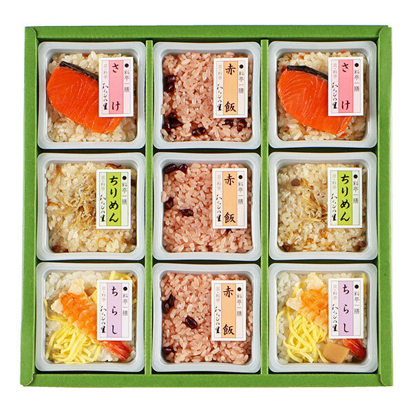 敬老の日 ギフト　 京・料亭 わらびの里  料亭一膳 炊き込み ご飯｜赤飯90g×3、 鮭ごはん・ちりめんごはん・ちらし寿司 各90g×2 ｜敬老の日メッセージ付【お届け期間：9月19日～9月21日】 遅めの お中元 ※沖縄・北海道は配送不可　送料無料