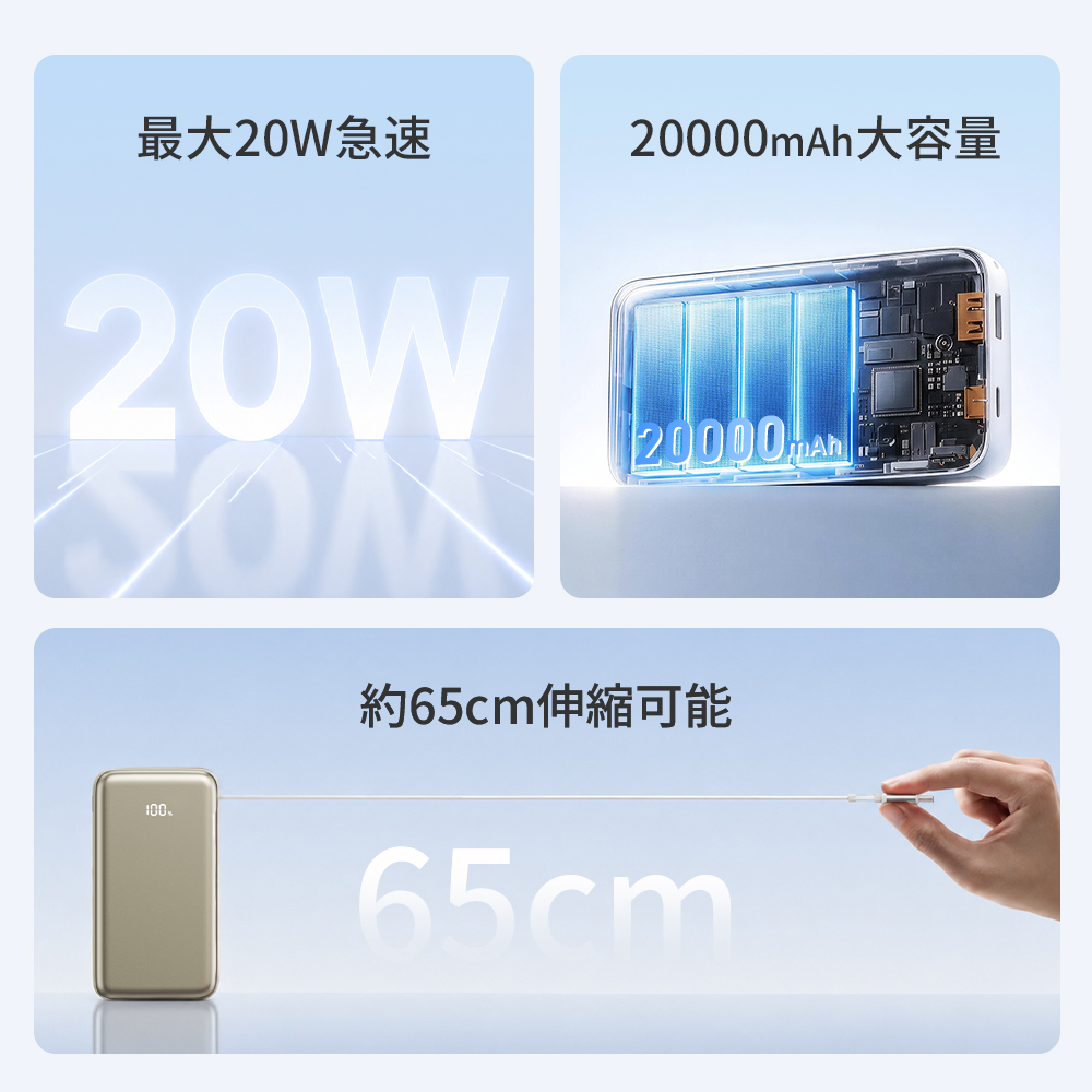 モバイルバッテリー 巻き取り式 ケーブル一体型 20000mAh 20W 3台同時充電 Type-Cケーブル内蔵 Type-C /USB-A出力 リール 伸縮ケーブル PD対応 残量表示 PSE認証済 機内持込可 旅行 出張 停電対策 防災グッズ