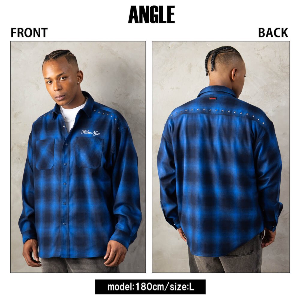 FUBU フブ チェックシャツ メンズ レディース fam-62100 スタッズ オンブレチェック ネルシャツ 長袖 シャツ スナップボタン 刺繍 オーバーサイズ ストリート ヒップホップ ダンス カジュアル M L XL XXL 2026FW Karlas