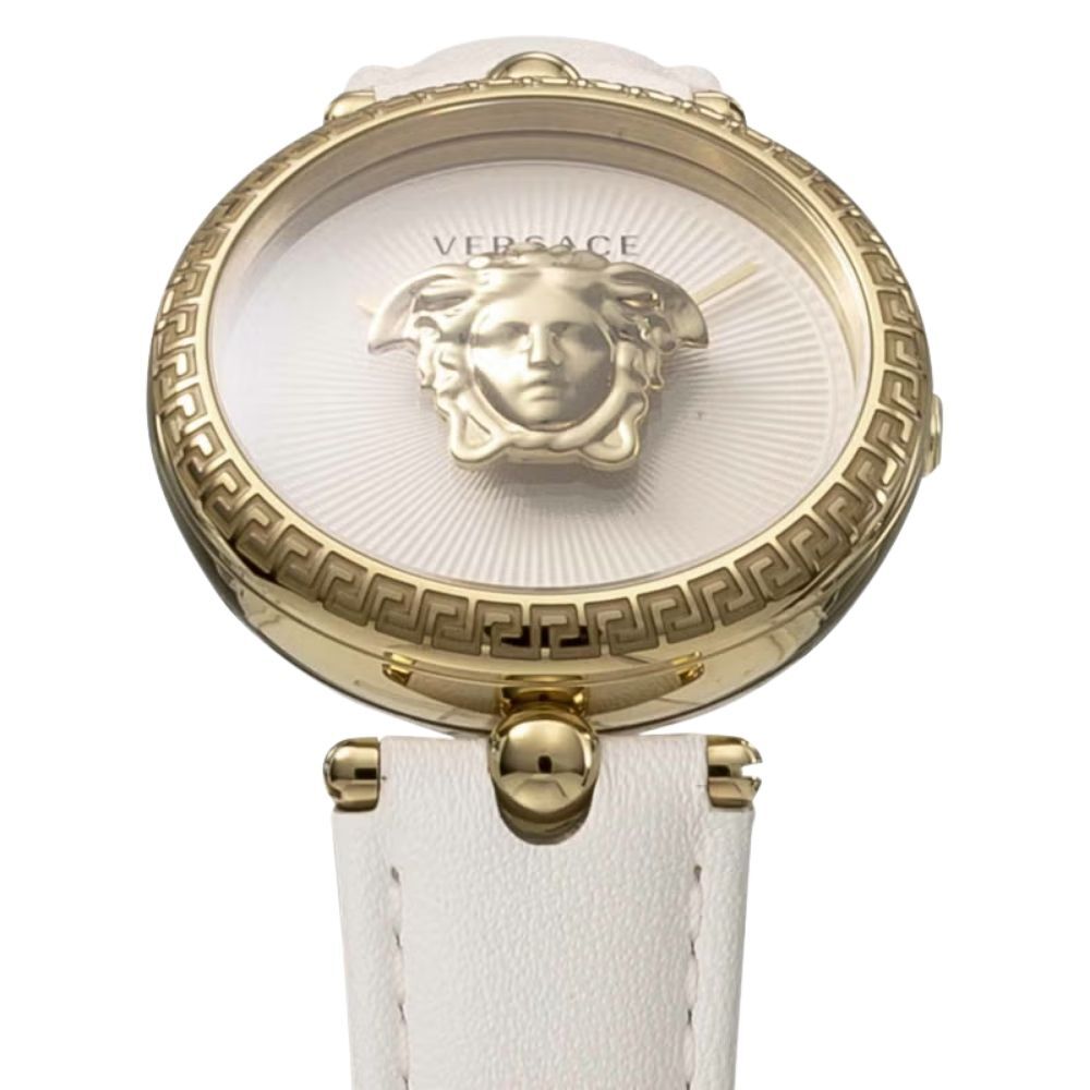 ヴェルサーチェ 腕時計 レディース ホワイト ゴールド 34mm VERSACE PALAZZO EMPIRE パラッツォ エンパイア 立体 メデューサ 白 レザー 革ベルト スイス製 高級 ブランド おしゃれ プレゼント ギフト 卒業 入学 お祝い