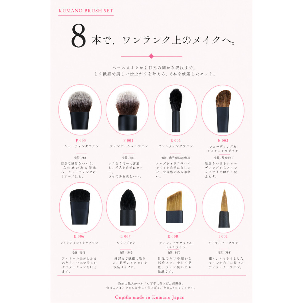 【名入れ】熊野筆メイクブラシセット【Cupola～キューポラ～】スタンダード8本セット＊母の日 お誕生日  内祝い  ギフト お祝い 御祝い プレゼント お歳暮 お中元 ホワイトデーギフト　誕生日プレゼント　結婚記念日　成人式　卒業祝い　お礼　お返し　大学生 入学祝い 彼女  娘 姪 孫 妻 女性 女友達 もらって嬉しい クリスマス プレゼント 同僚 就職祝い 日本製　熊野筆