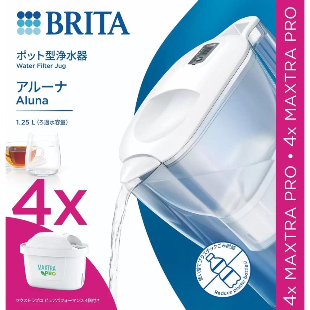 ブリタ ポット型 浄水器 アルーナ 容量2.4L カートリッジ4個付き ろ過水容量1.25L  液晶メモ (交換目安:1日5.3L で4週間 ) 型番:KBALCW4M  サイズ(mm) : 奥行100 横幅249 高さ260mm 実用的