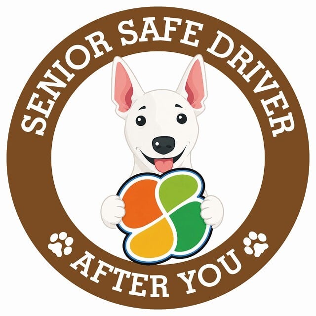 カーサイン 高齢者マーク SENIOR SAFE DRIVER ミニチュアブルテリア ステッカー シール 直径13cm 肉球 日本製 車