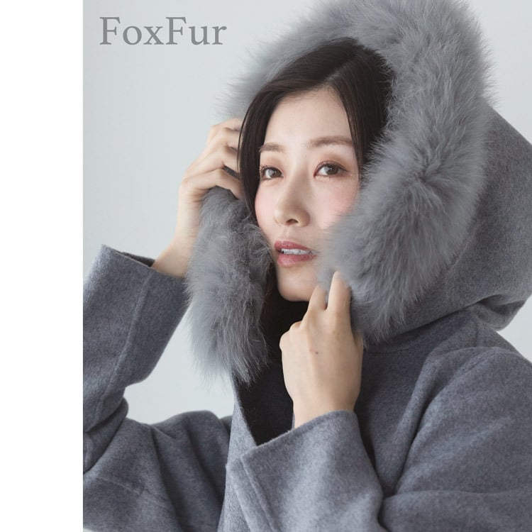 カシミヤ ブレンド ウール ロング コート ダブルフェイス フォックス ファー付き 110cm 比翼 一枚仕立て アウター フード付き ネイビー/ライトグレー/ブラック/9号/11号/13号 Filomo (02000227r)