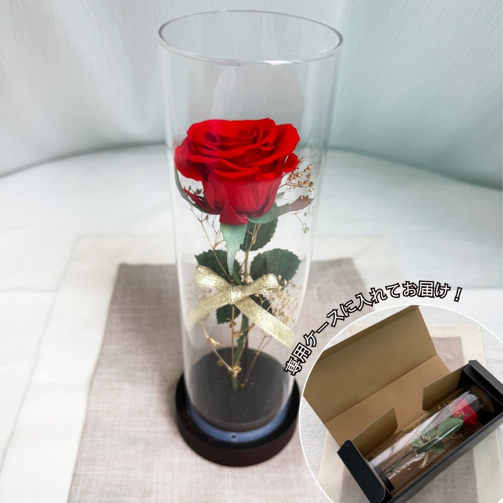 プリザーブドフラワー バラ 薔薇 ローズ 一輪 アクリルドーム ガラスドーム風 プレゼント ギフト 誕生日 記念日 プロポーズ 告白 結婚祝い 還暦 母の日 敬老の日 ホワイトデー クリスマス 彼女 妻 女性 サプライズ 贈り物 退職祝い お祝い 花 赤 かすみ草 アーティフィシャルフラワー 専用ボックス ケース付き インテリア 卓上 枯れない花 ブリザードフラワー ウエディング おしゃれ