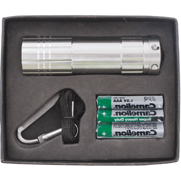 【直送】パワフル9LEDライトセット [26-0601-013] L2806 カラビナ付き 高輝度9LED メタリック仕上げ ミニ懐中電灯 単4電池3本付き 防災 レジャー アウトドア ギフト