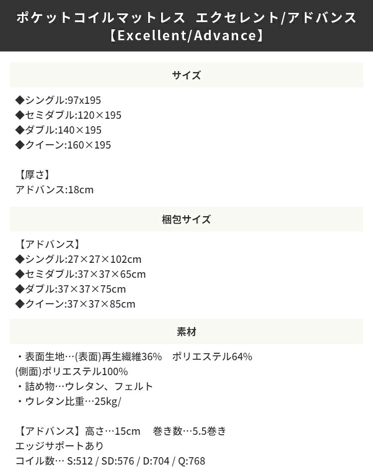 マットレスのみ ポケットコイルマットレス E 高密度アドバンスポケットコイルマットレス マット ベットマット ダブルサイズ 寝心地 シンプル おしゃれ セミダブル 両面仕様 テンセル を使用 エクセレントアドバンス コットン リバーシブル ポリエステル