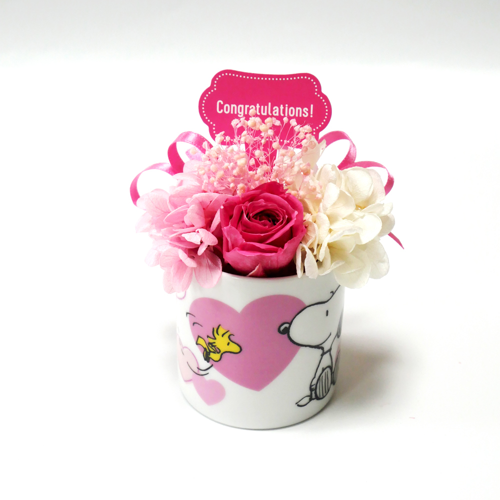 【公式ライセンス商品】スヌーピーハートミニカップピンク（Thank you・Happy Birthday・Congratulations) / プリザーブドフラワー 花 お花 フラワー フラワーギフト キャラ スヌーピー かわいい 雑貨 インテリア プレゼント ギフト 母の日 誕生日 記念日 お祝い