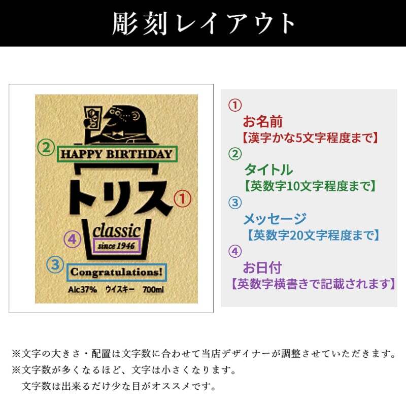 トリス クラシック 名入れ お酒 ウイスキー   名前入り プレゼント ギフト 面白い センス 定年退職 還暦祝い 退職祝い 男性 女性 お祝い 古希 喜寿 傘寿 米寿 卒寿 白寿 百寿 敬老の日