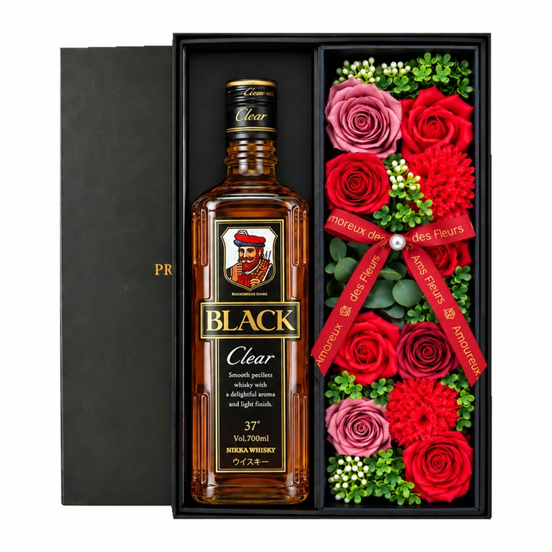 ブラックニッカ クリア お酒 酒 ウイスキー 700ml ウィスキー アサヒ ギフト プレゼント セット おしゃれ かわいい 珍しい ソープフラワー フラワーボックス 花 お花 定年退職 還暦祝い 退職祝い 男性 女性 お祝い 古希 喜寿 傘寿 米寿