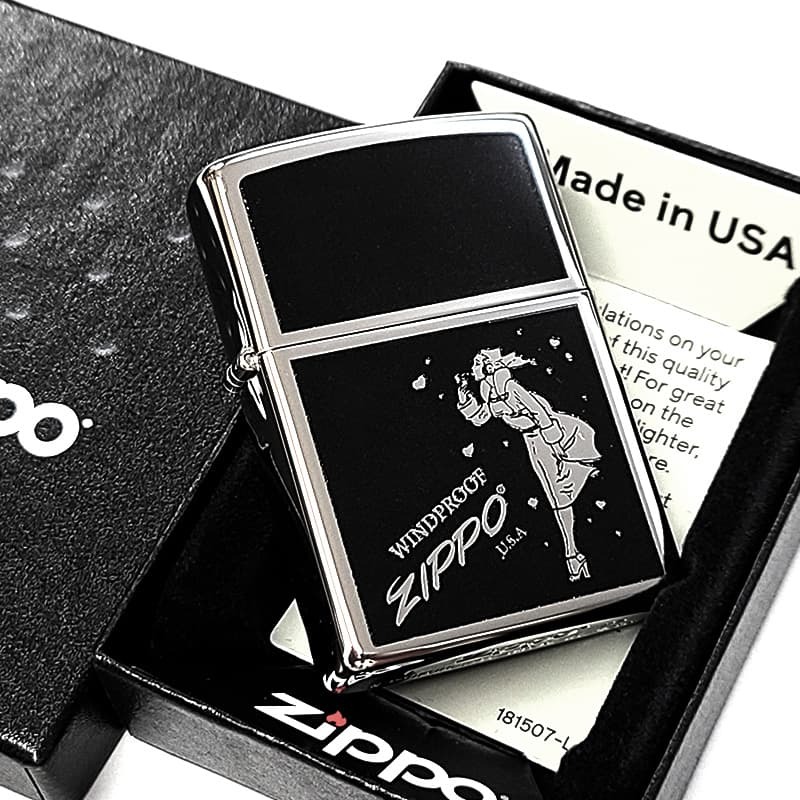 ZIPPO ウインディハート ブラック×シルバー ジッポ かっこいい ライター 鏡面 メンズ Windy おしゃれ 両面プリント加工 ギフト 銀 黒 ウインディHeart プレゼント オイルライター メンズ レディース