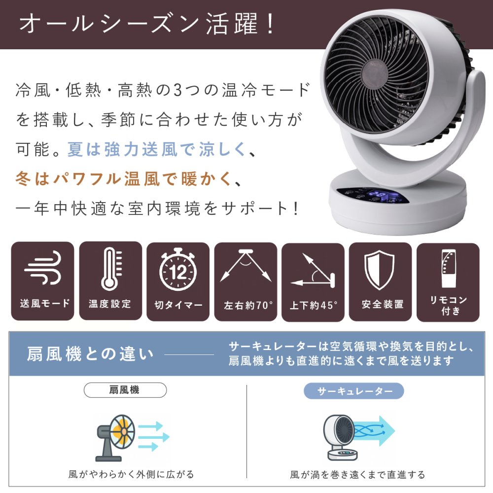 ひえぽか 温冷サーキュレーター 温冷風機 ヒーター サーキュレーター ひえぽか温冷扇 衣類乾燥 扇風機 冷風 温風 送風 首振り 自動 上下角度 過熱保護 軽量 コンパクト 省エネ 冬 夏 梅雨 寝室