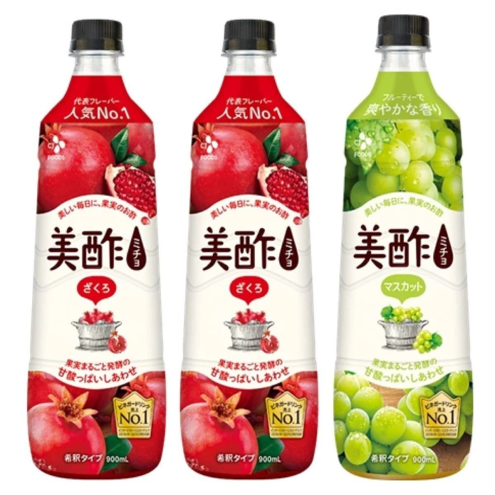 CJ FOODS　美酢（ミチョ）アソートセット　希釈用900ml x 3本　韓国製　100%果実発酵のお酢　調味酢（ざくろ　2本、マスカット 1本）?フラクトオリゴ糖使用　#80406　賞味期限:2026.12.16