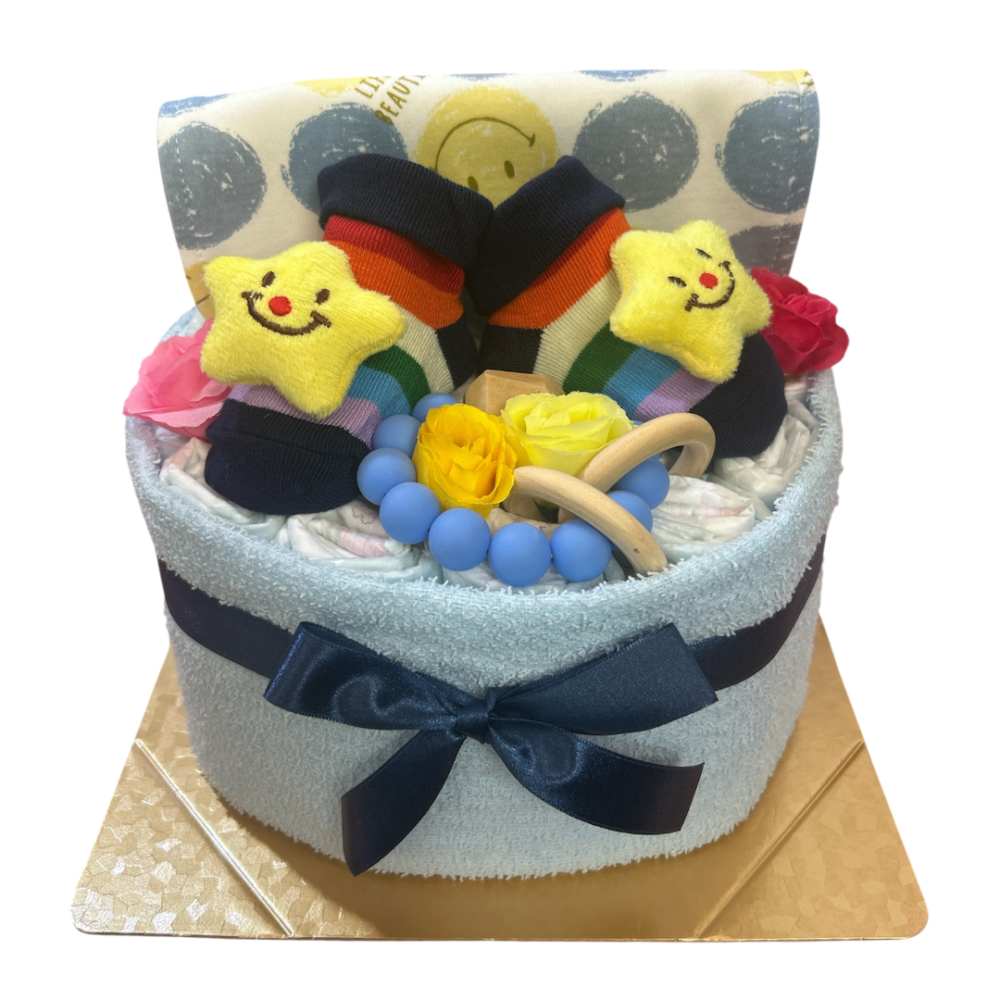 出産祝い おむつケーキ 男の子 ベビーギフト ブルー タオル＆ソックスセット パンパース スマイル スター