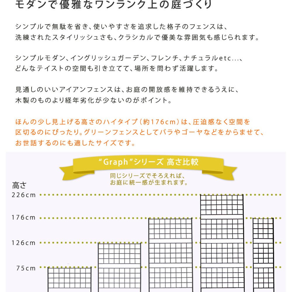 ガーデン エクステリア アイアンフェンス 高さ176 「グラフ」 1枚 送料無料 フェンス アイアン ガーデニング 枠 柵 仕切り 目隠し 境目 クラシカル アンティーク 格子 ベランダ つる 薔薇 バラ 朝顔 園芸 ラティス つるバラ 庭誘引 屋外