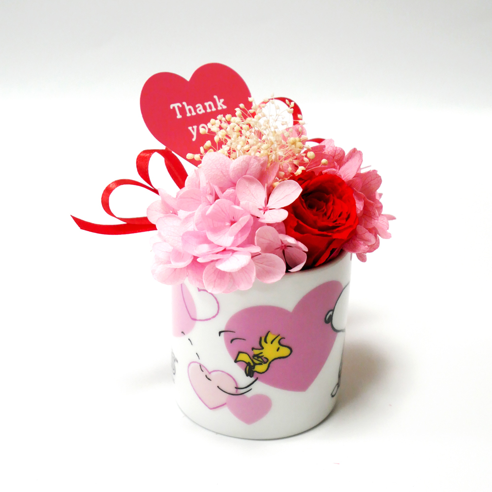 【公式ライセンス商品】スヌーピーハートミニカップレッド（Thank you・Happy Birthday・Congratulations) / プリザーブドフラワー 花 お花 フラワー フラワーギフト キャラ スヌーピー かわいい 雑貨 インテリア プレゼント ギフト 母の日 誕生日 記念日 お祝い