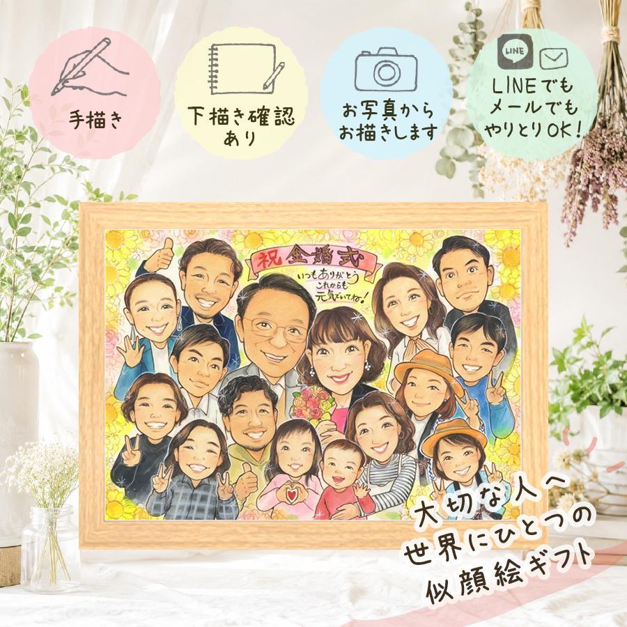 金婚式 贈り物 似顔絵 プレゼント 手描き 名入れ ギフト 金婚式 結婚50周年 記念日 お祝い 結婚記念日 大人数 お父さん 家族 夫婦 両親 お母さん 祖父母 修正無料 下書き確認 名入れ サプライズ 喜ばれる 一生もの 親孝行 思い出 感謝 長寿 50周年 ブライダルギフト 感謝の品 還暦祝い 披露宴 感動 初任給 節目 快気祝い ウェディングギフト 同窓会