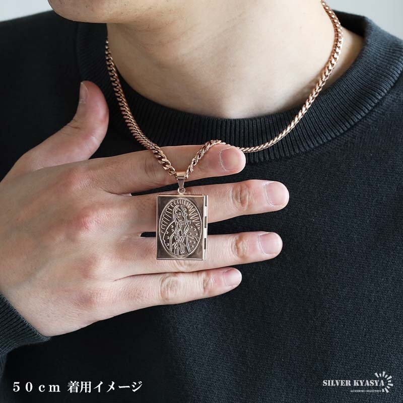 ステンレス ロケットネックレス HIPHOP 喜平チェーンネックレス ロケットペンダント マリアネックレス 写真 記念 思い出 50cm 60cm ピンク 聖母 6面カット メンズ 男性 金属アレルギー対応