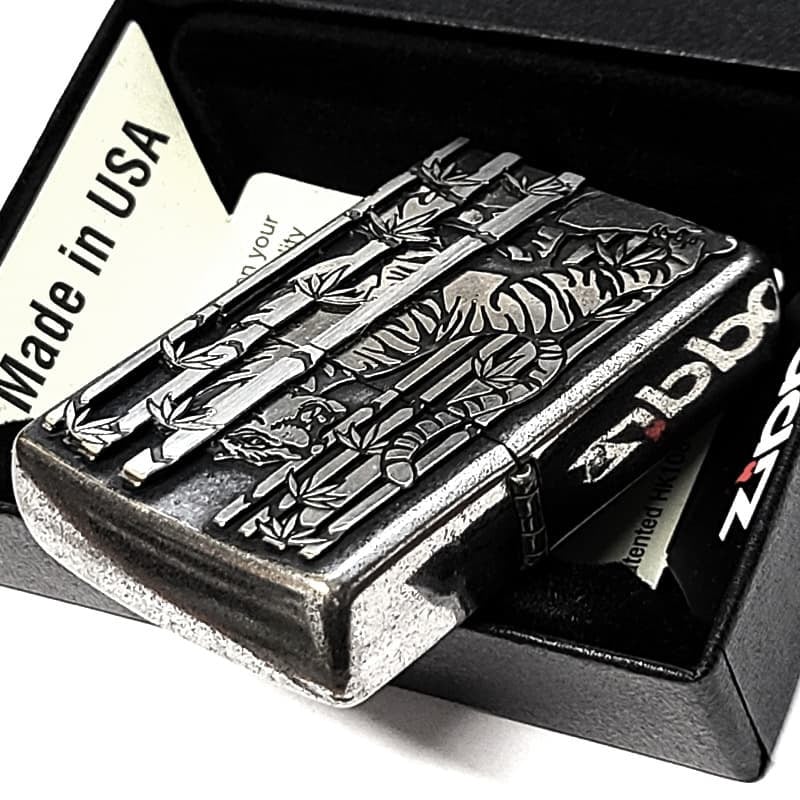 ZIPPO ライター 虎 アンティークシルバー メタル重ね貼り ジッポ クロームバレル 和柄 日本 おしゃれ タイガー かっこいい ギフト プレゼント メンズ 渋い